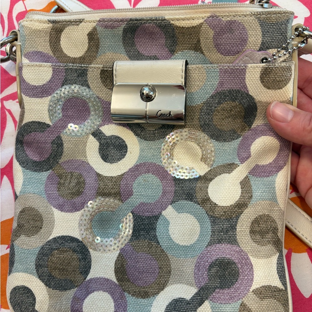 Coach crossbody satchel Crossbody Bag in Cream with Purple & Gray Pattern
